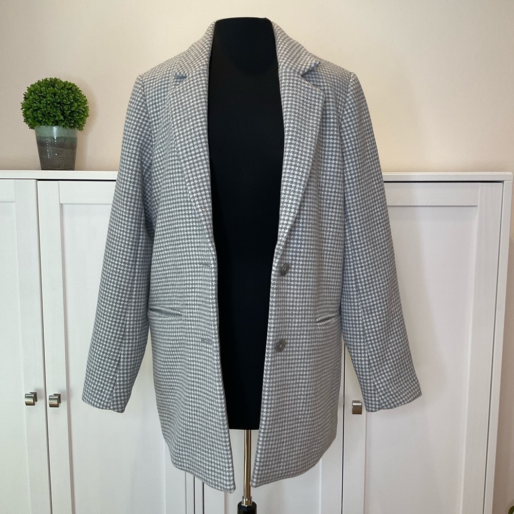 NWT Abercrombie & Fitch Wool Blend Houndstooth Tailored Top Coat in Grey Medium - Picture 9 of 16